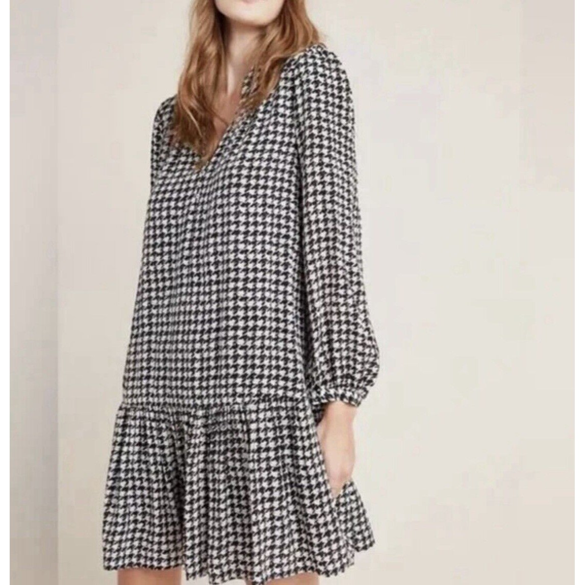 Anthropologie Maeve Size S Sterling Houndstooth Tunic Dress Ballon Sleeve Boho